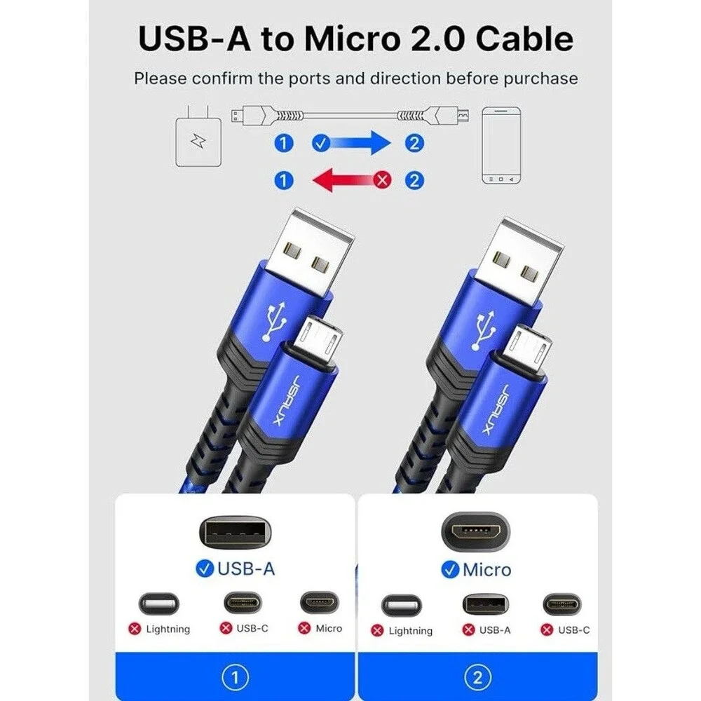 JSAUX Micro USB Cable (2-Pack 6.6FT Nylon Braided Charger for Android Kindle MP3